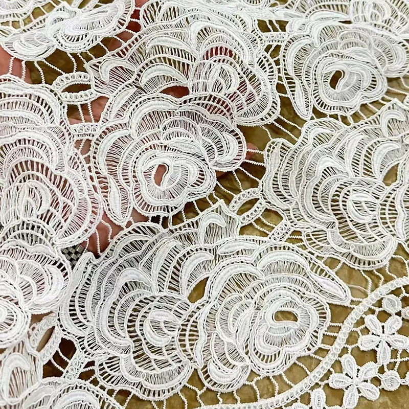 

Exquisite milk silk watersoluble lace with embroidered floral cutouts fullpattern fabric for wedding dresses gowns sewing fabric