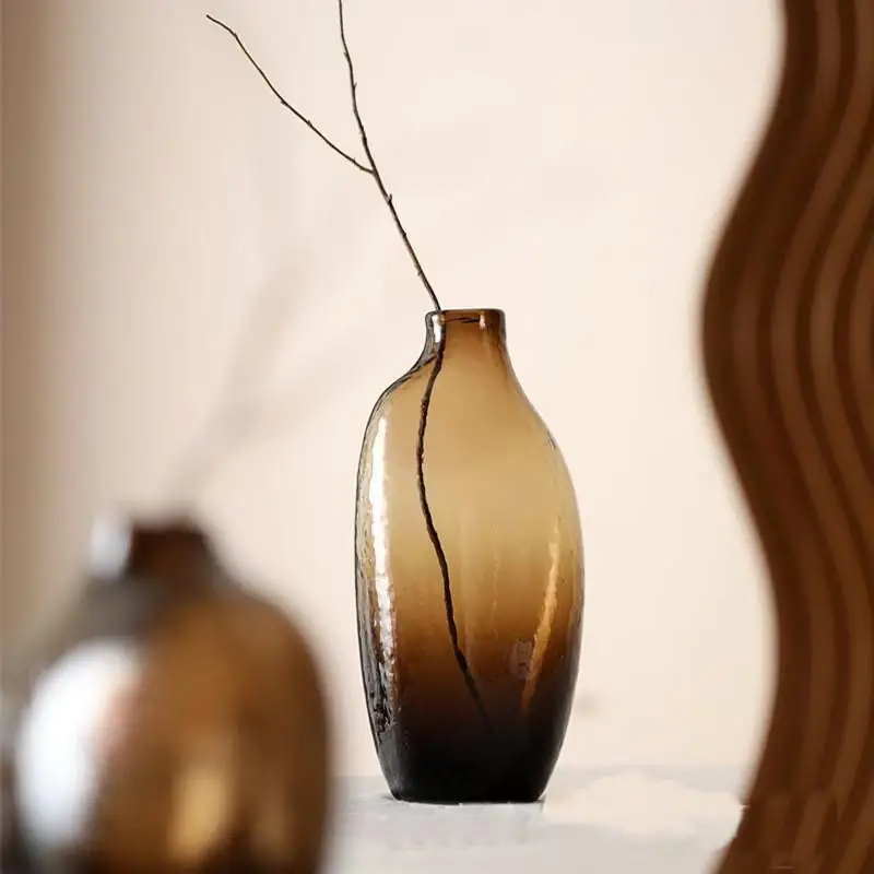 

Modern Simplicity Amber Transparent Glass Vase Japanese Style Irregular Shape Living Room Countertop Vase Creative Home Decor