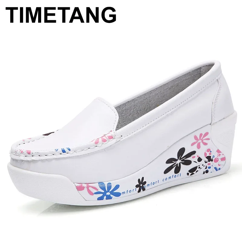 TIMETANG Hot Sale New Women\'s Genuine Leather Platform Shoes Wedges White Lady casual Shoes Swing mother shoes size 35-40 C220