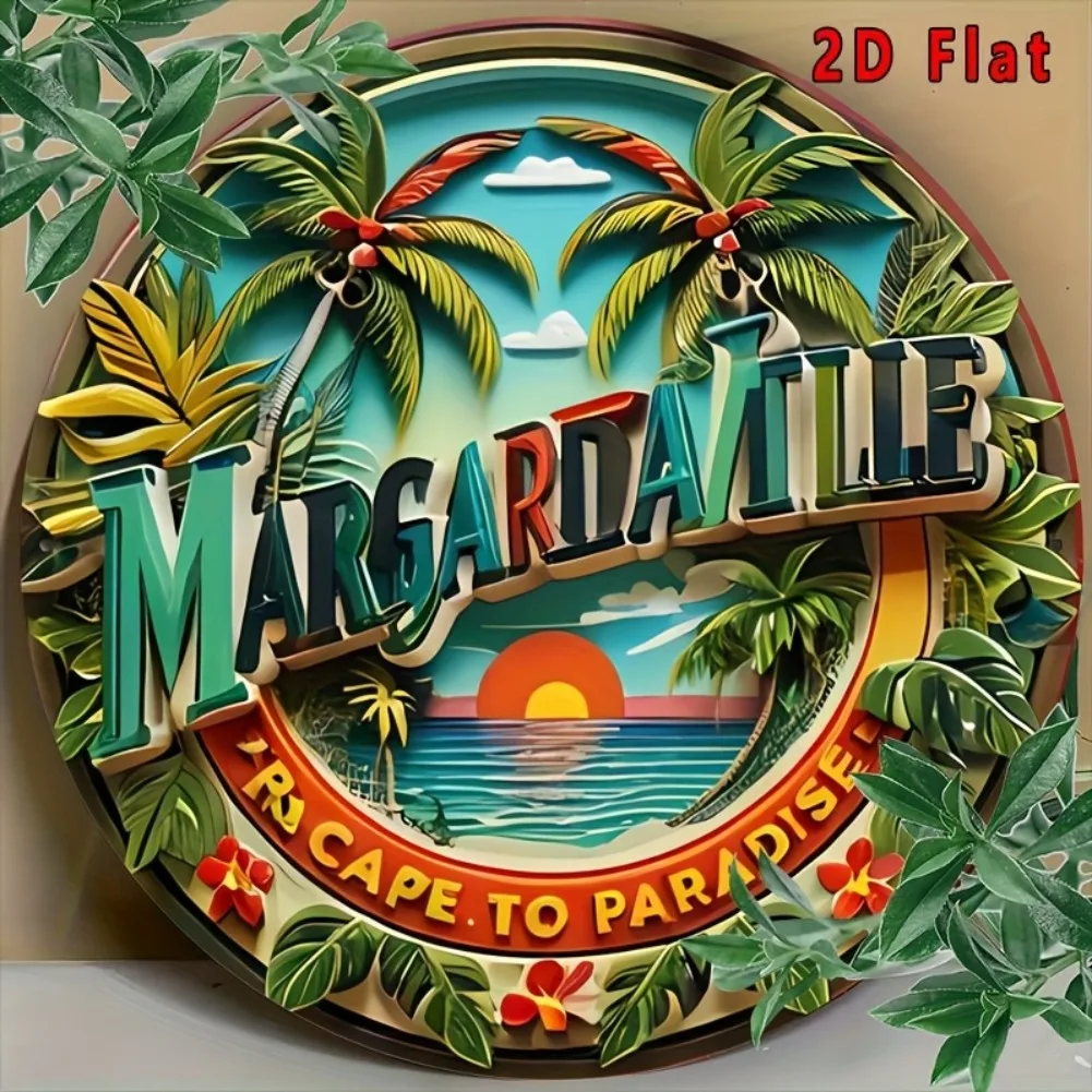 2D Flat 1pc, Vintage Aluminium Wandschild „Margaritaville 4R Cape“. Runde dekorative Schild „To Paradise“.