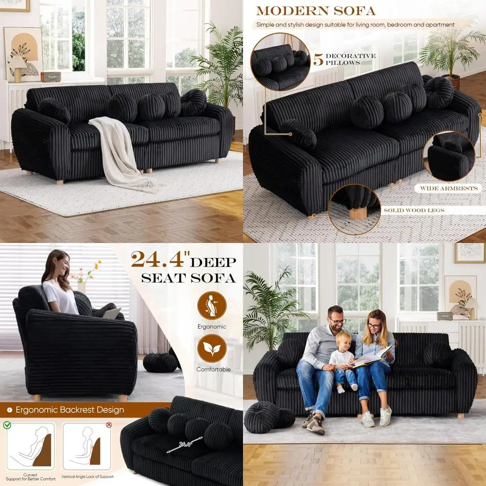 Большой вельветовый двухместный диван, 2/3-местный диван для отдыха с глубоким сиденьем и 5 декоративными подушками, удобный ситин, похожий в облаке