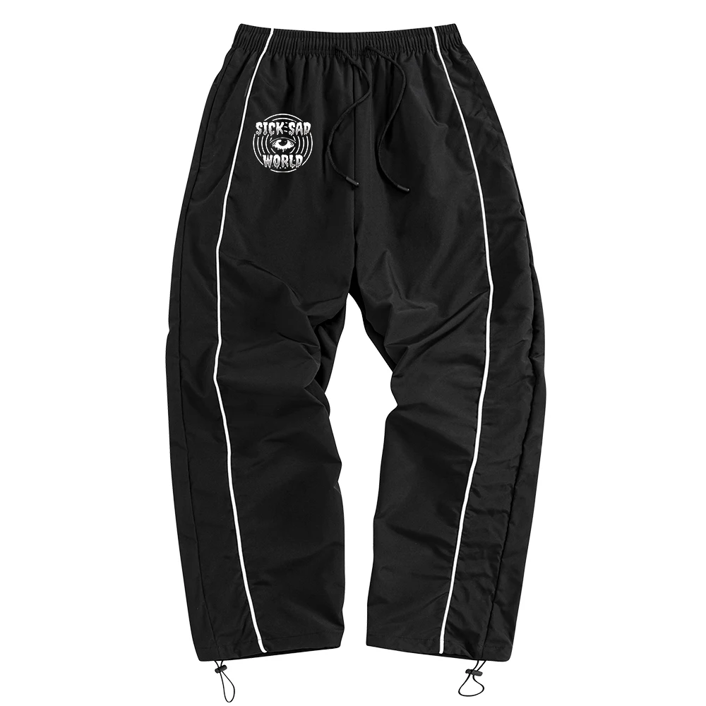 

Men's Four Seasons Black Track Pants with White Side Stripes "Eyes and Text" Print Outdoor Fitness and Leisure Sports Pants