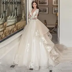 Elegant Deep V-Neck Appliques Full Sleeve Illusion Wedding Dress 2024 Chapel Train Tulle Ball Gown Bridal Gowns Vestido De Noiva