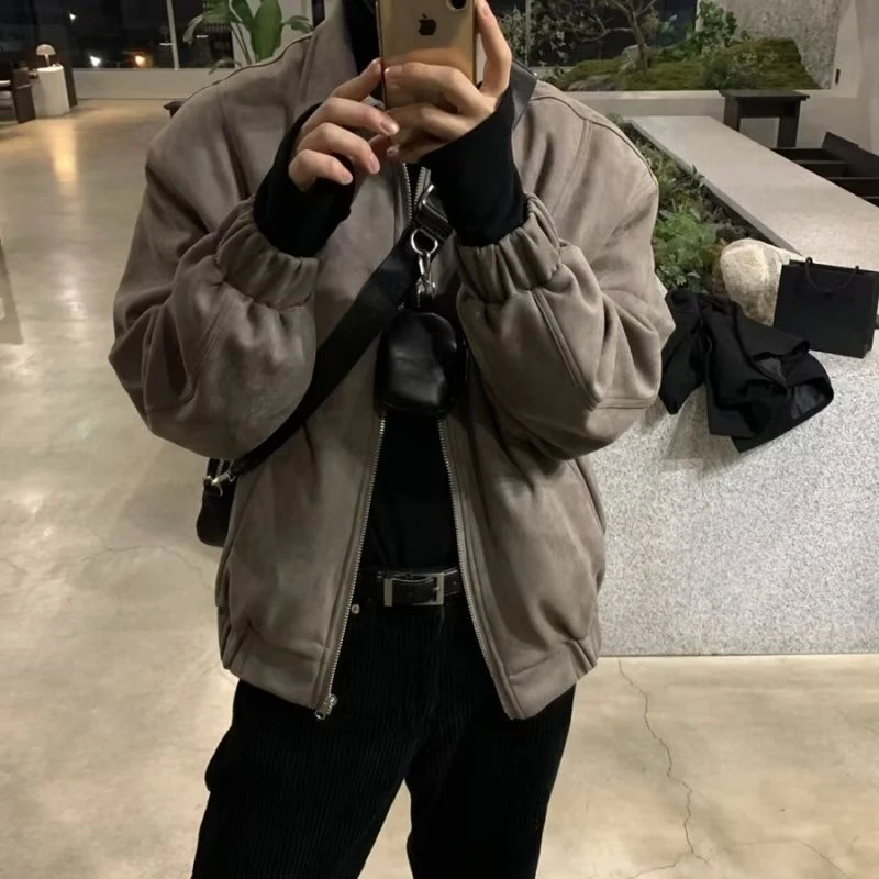 

Men Suede Jacket Vintage High Street Loose Jacket Handsome Lapel Long Sleve Tops Spring Fashion Streetwear Coat Men's Clothing