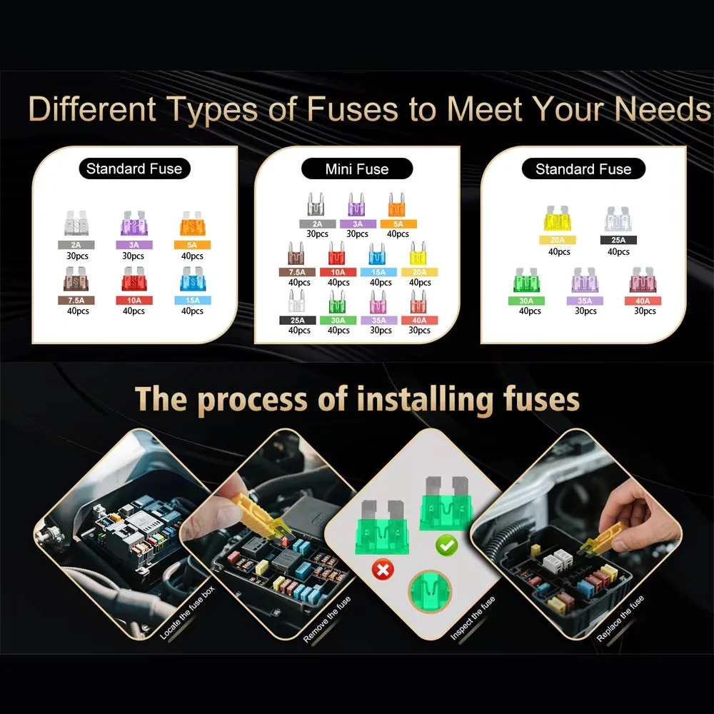 800pcs Fuses Assortment Kit,Standard Fuse & Mini Fuses+Puller (2A 3A 5A 7.5A 10A 15A 20A 25A 30A 35A 40A)