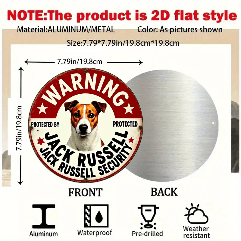 2D Flat, 2D Flat Retro Aluminum Warning Sign - 20.32x20.32cm Round Jack Russell Terrier Safety Sign, Weatherproof Metal Wall Dec