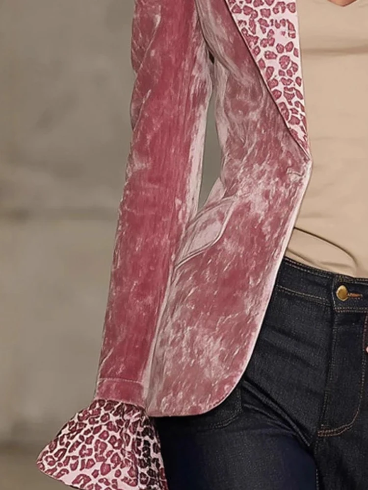 

Pink Leopard Printed Velvet Tailored Coat for Women's Elegant Office Lady Notched Collar Flare Sleeve Single Button Jacket Fall