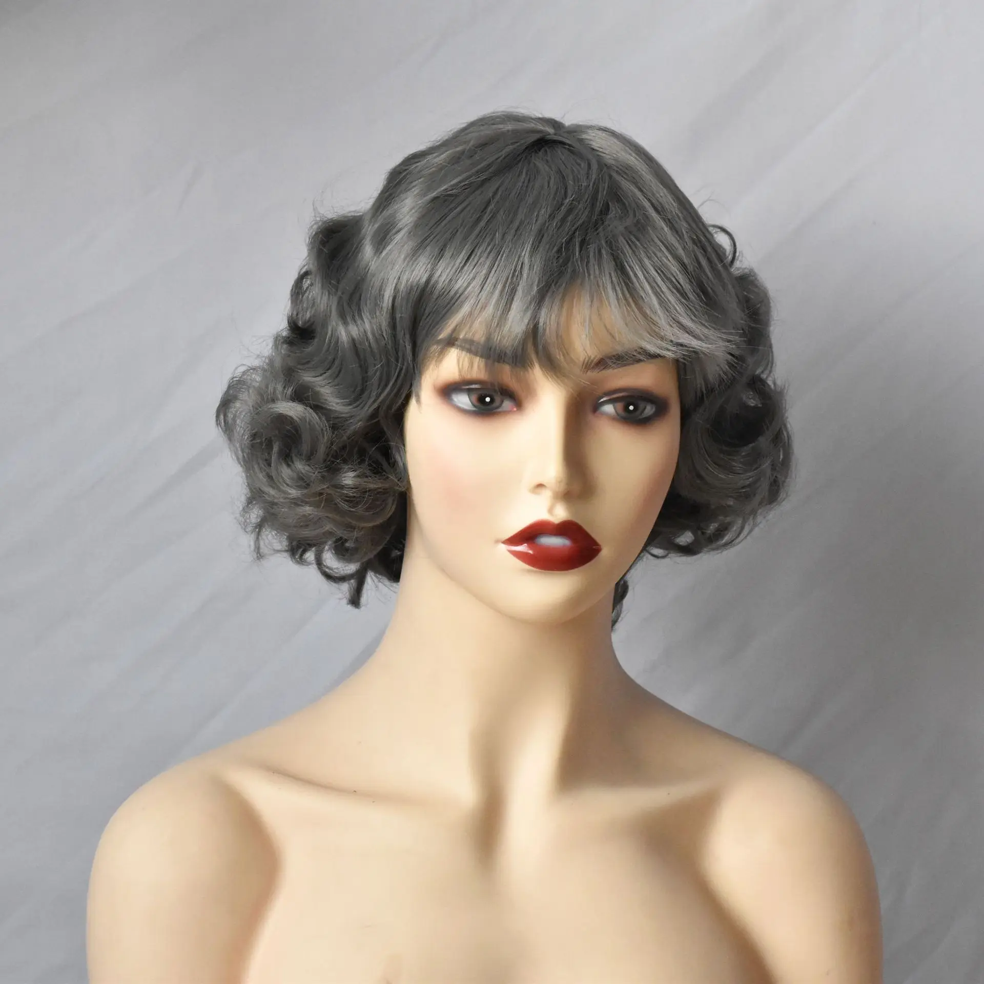 

Новый стиль бабушкиный парик, женская мода, натуральный и пушистый серый бабушка, короткий вьющийся парик на всю голову