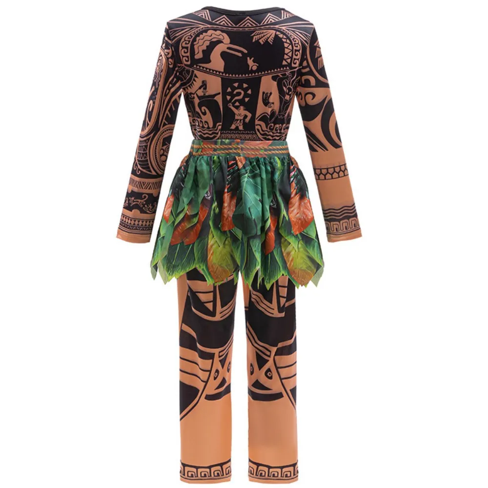 Costume cosplay Moana per bambini Ragazzo Tuta da tatuaggio Maui Abiti di Halloween Gonna a foglia Tuta Set completo Costumi Cosplay