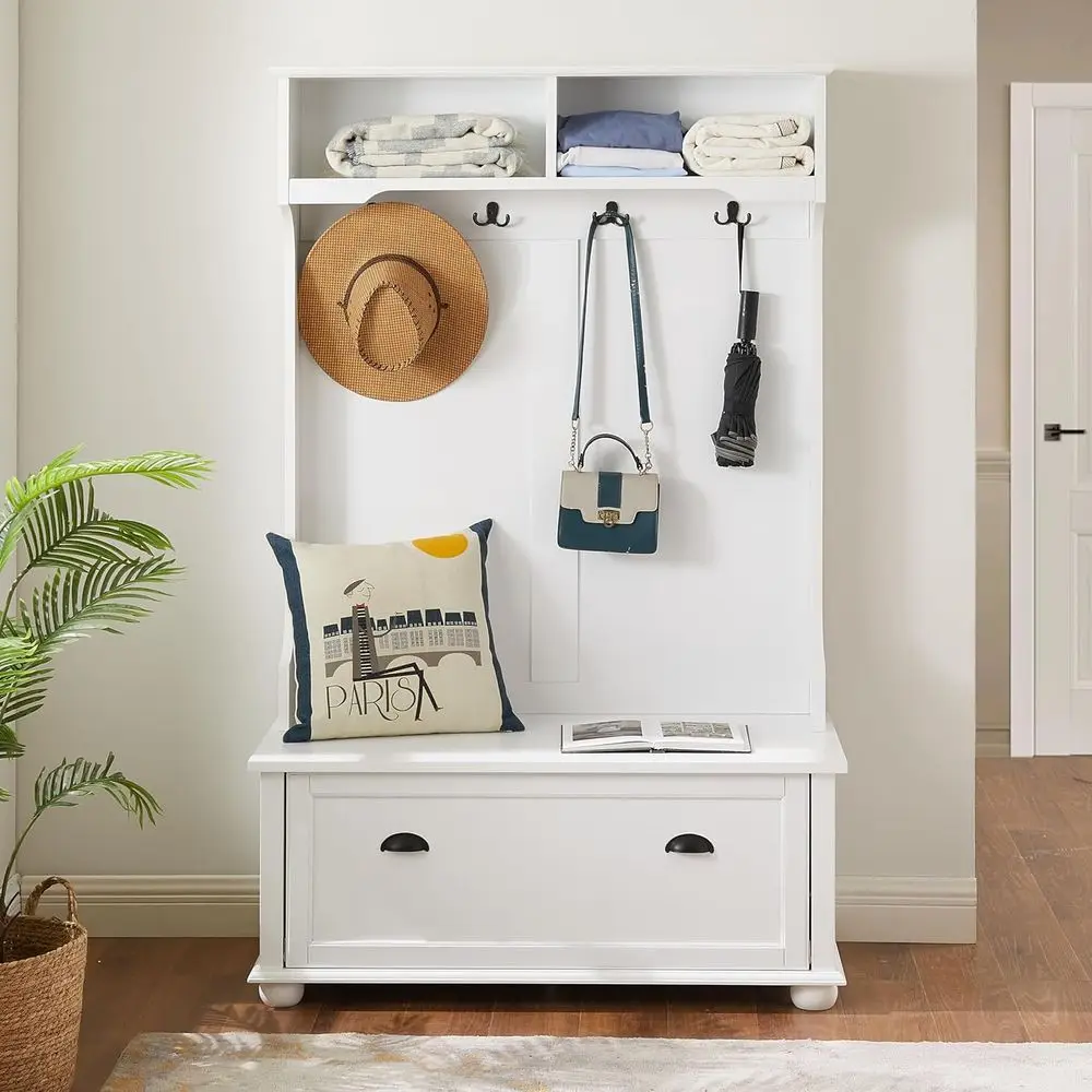 

Прихожая тумба-скамья 4-в-1 из массива дерева с открытыми полками и обувницей, вешалка для одежды и обуви.