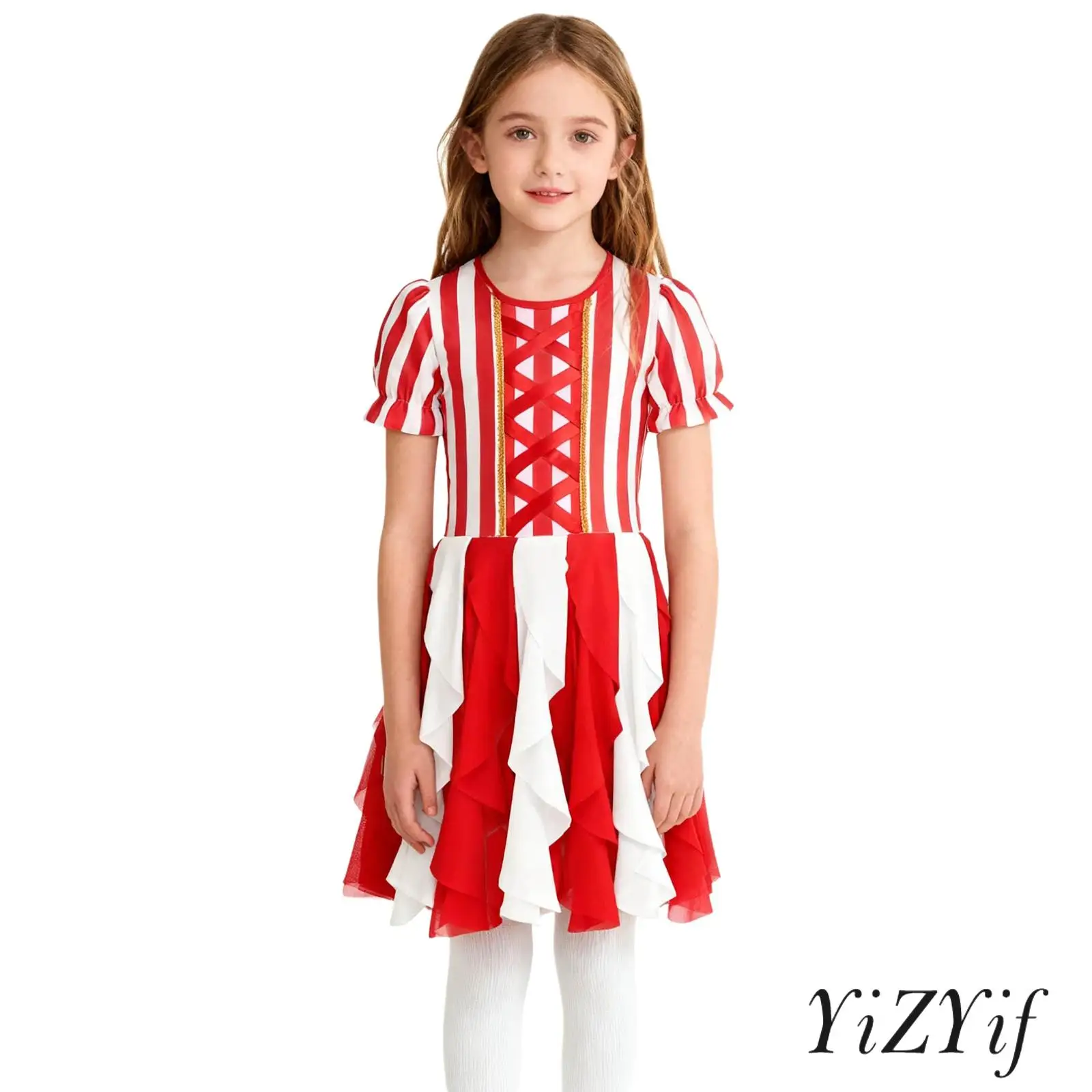 

Kids Girls Christmas Candy Cane Costumes Round Neck Puffy Sleeve Golden Webbing Tulle Dress Striped Santa Dress for Xmas Parties