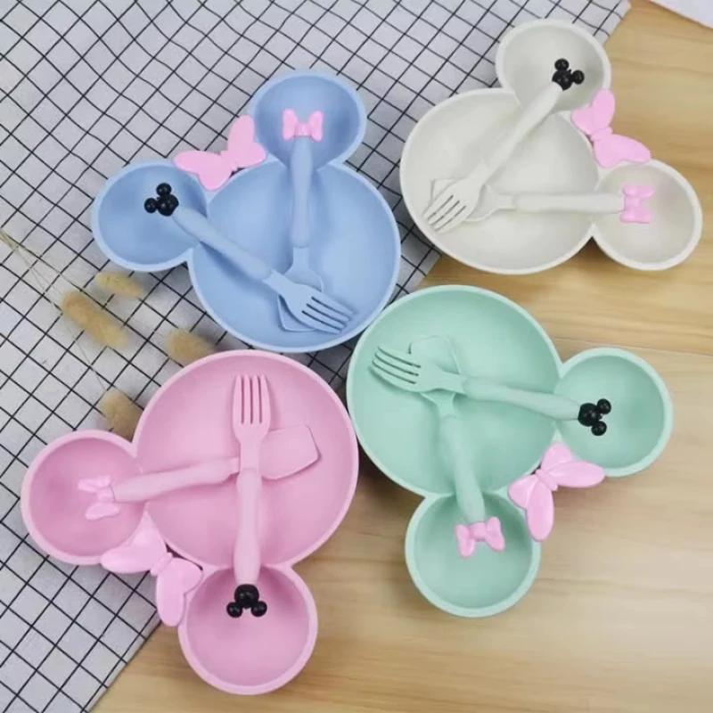 3Pcs/set Wheat Straw Baby Dishes Cartoon Tableware Set Kids Dinner Platos Baby Feeding Plate Training Bowknot Bowl Spoon Fork