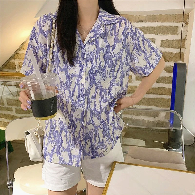 White Purple Wash Painting Aesthetic Shirt for Women Single Breasted Cuba Collar Summer Beach Blouse Korean Fashion Streetwear