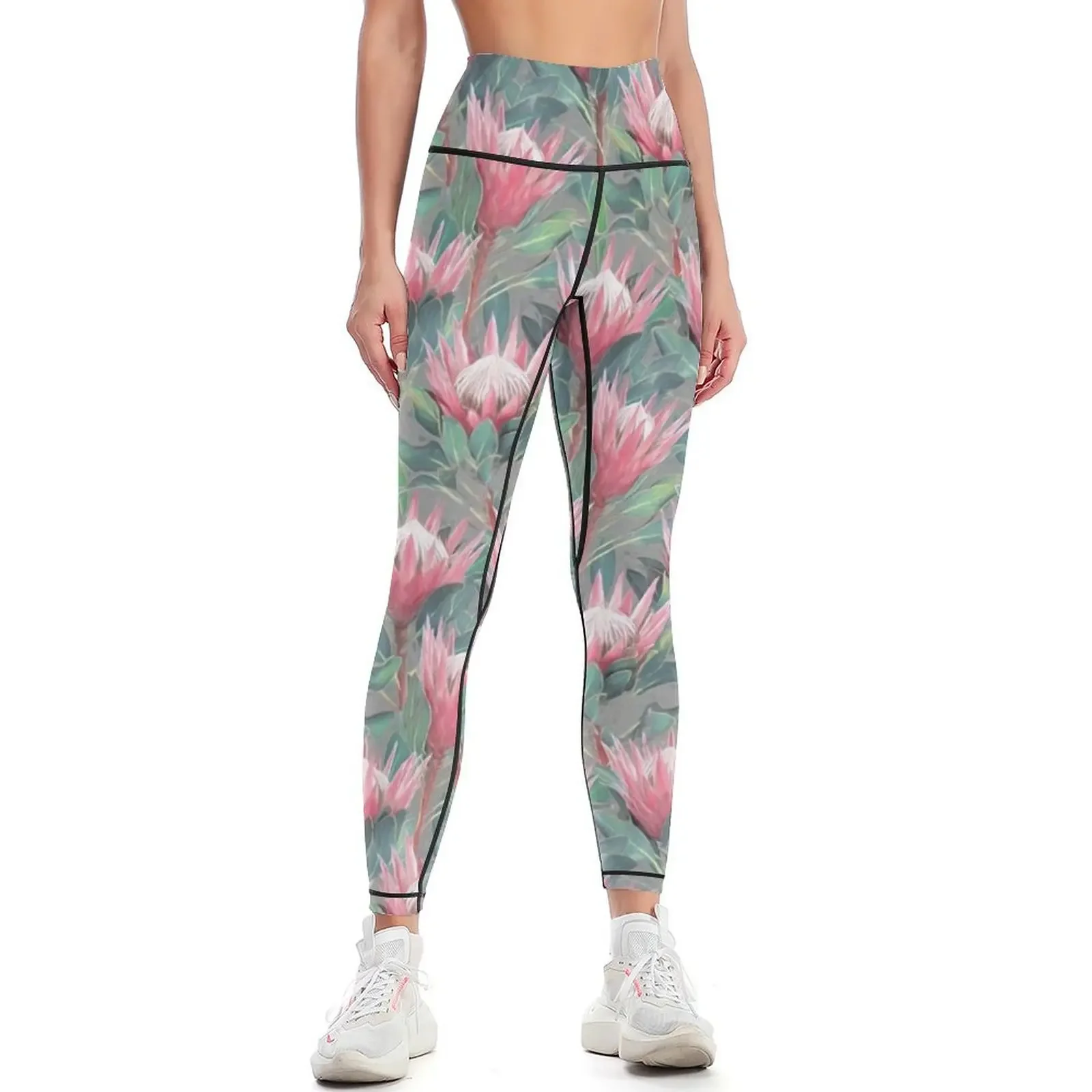 

Painted King Proteas - pink on grey Leggings flared Women's tights Tight fitting woman joggers for Womens Leggings
