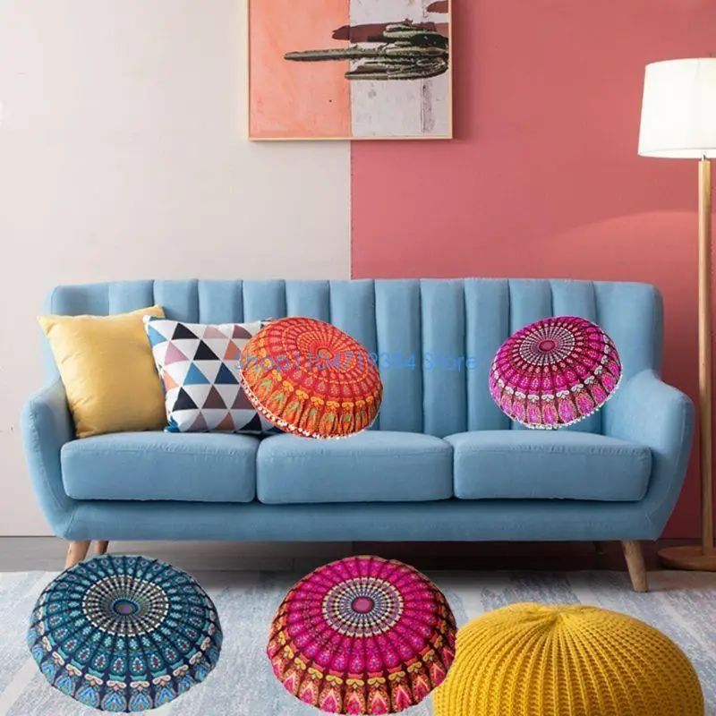 0XLD 43/80cm Round Indian Bohemian Floor Pillow Cushion Cover for Case Mandala Pouf Retro Boho Home Decoration