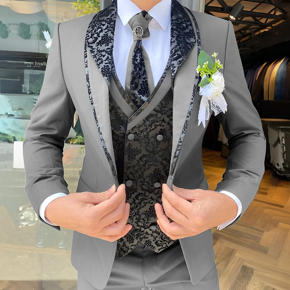 Handsome Men\'s Suit 3-piece Elegant Groom Wedding Tuxedo Jacket Pants Vest Customized Formal Blazer for Male