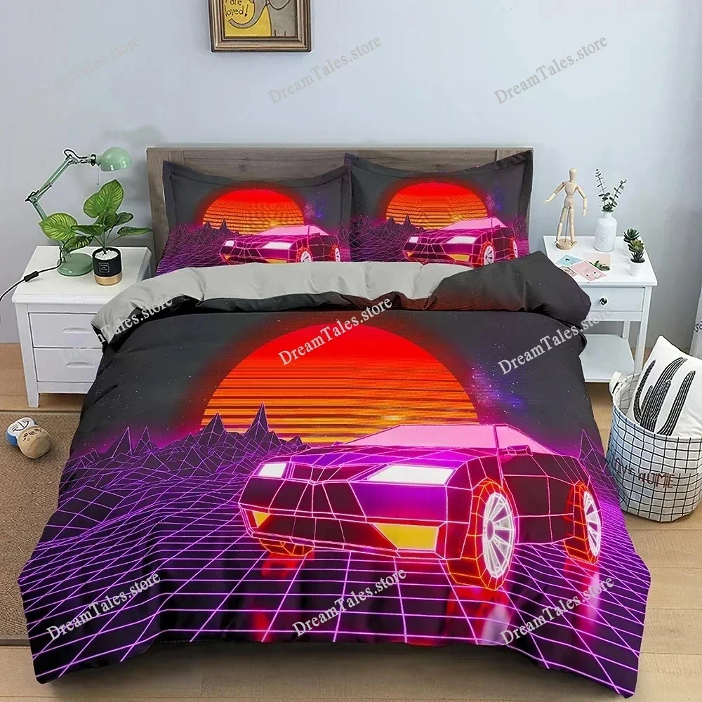 

Retro Bedding Set Abstract Duvet Cover Set Waves and Sunset Pattern Comforter Cover with Pillowcase King Queen Home Textiles