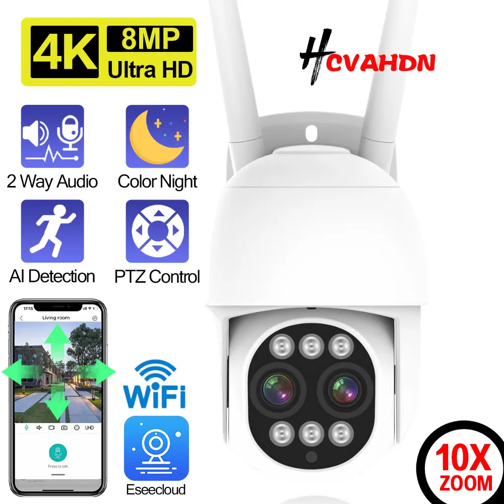 Wifi 4K PTZ IP Camera Dual Lens 8MP 10x Zoom 2 Way Audio Wireless Security Surveillance Camera System Auto Tracking CCTV IP Cam