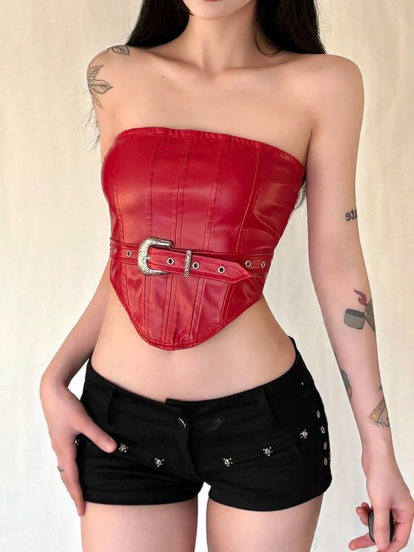 

Женский летний новый укороченный кожаный топ-бюстье Spicy Girl с поясом, однотонный, облегающий, сексуальный, асимметричный дизайн, без спинки