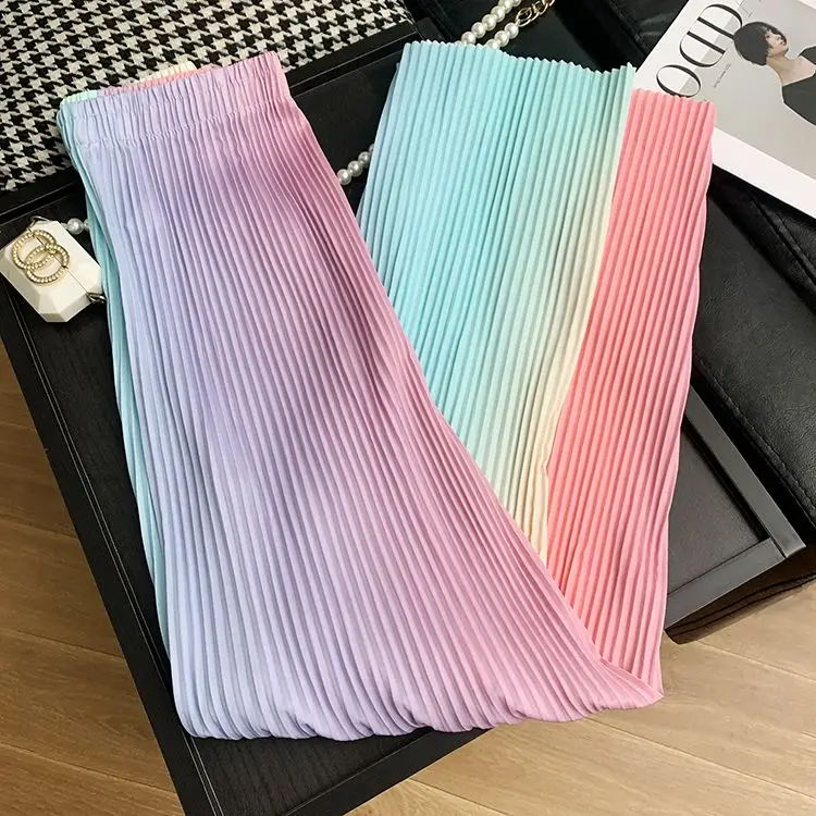 

Color gradient ice silk wide-leg pants female 2024 summer thin pants high waist fold loose casual cool pants