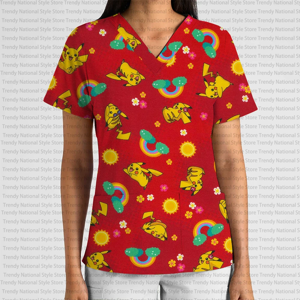 2026 New Summer Nurse Uniform, Dental Clinic, Pet Shop Medical T-shirt, Pokémon Cartoon Print V-neck Stretch Frosted Top