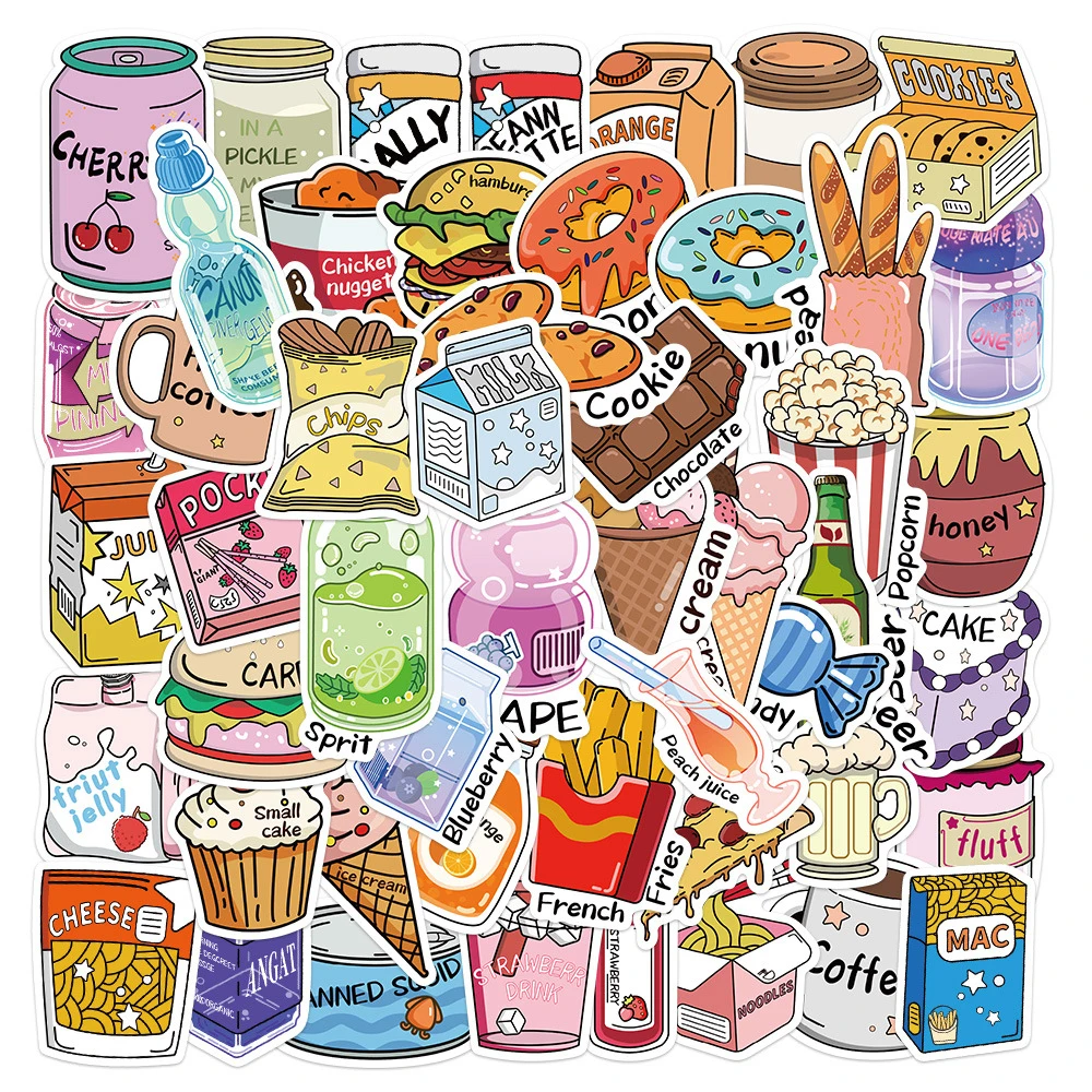 10/30/50pcs Kawaii Funny Cartoon Snack Drink Graffiti Stickers DIY Fridge Guitar Luggage Cute Decoration Sticker for Kids Toys