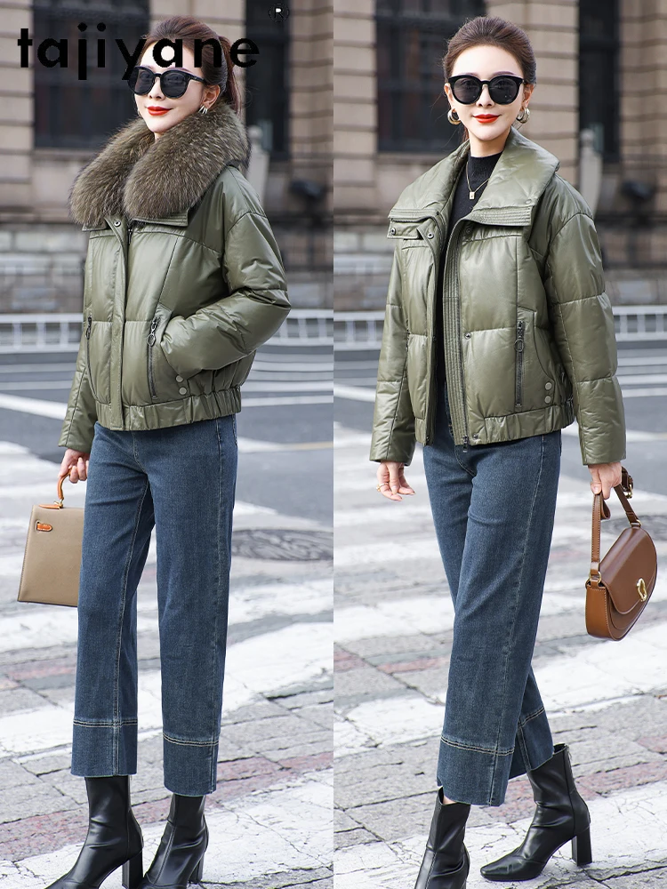 TAJIYANE 100 % genarbte Rindslederjacke für Damen, Waschbärpelzkragen, weißer Gänsedaunenmantel, kurze Pufferjacke, 2025, Damenbekleidung