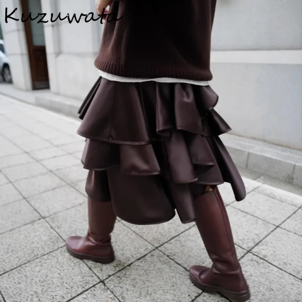 Kuzuwata Sweet Age Reduction Small Fellow Ruffles Women Skirts High Waist Slim Fit All-match Faldas Japanese Moda Layering Skirt