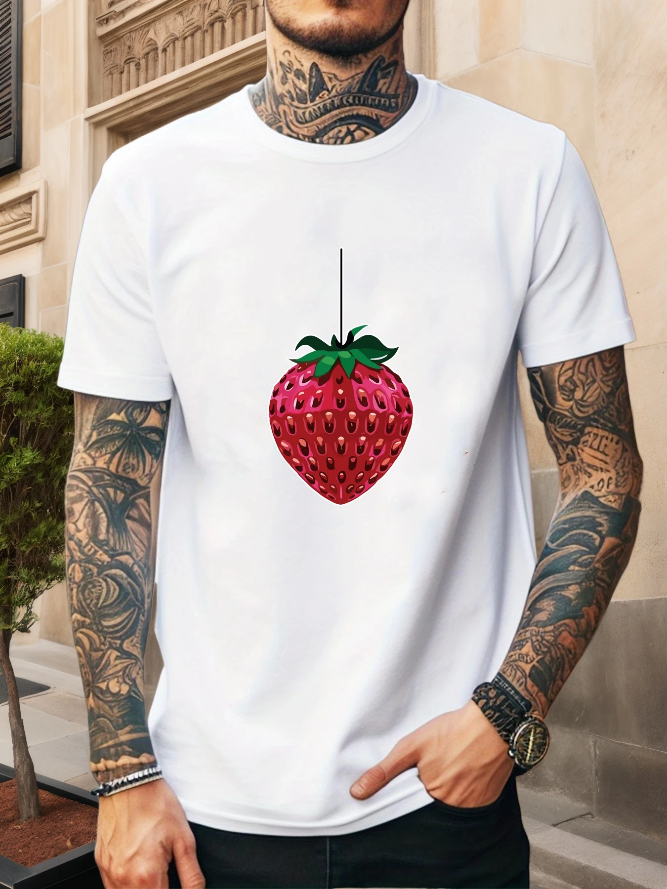 Men Crew Neck Cotton T Shirt Hanging Red Strawberry Print Short Sleeve Tops Loose Minimal Casual Summer Tees For Young Male