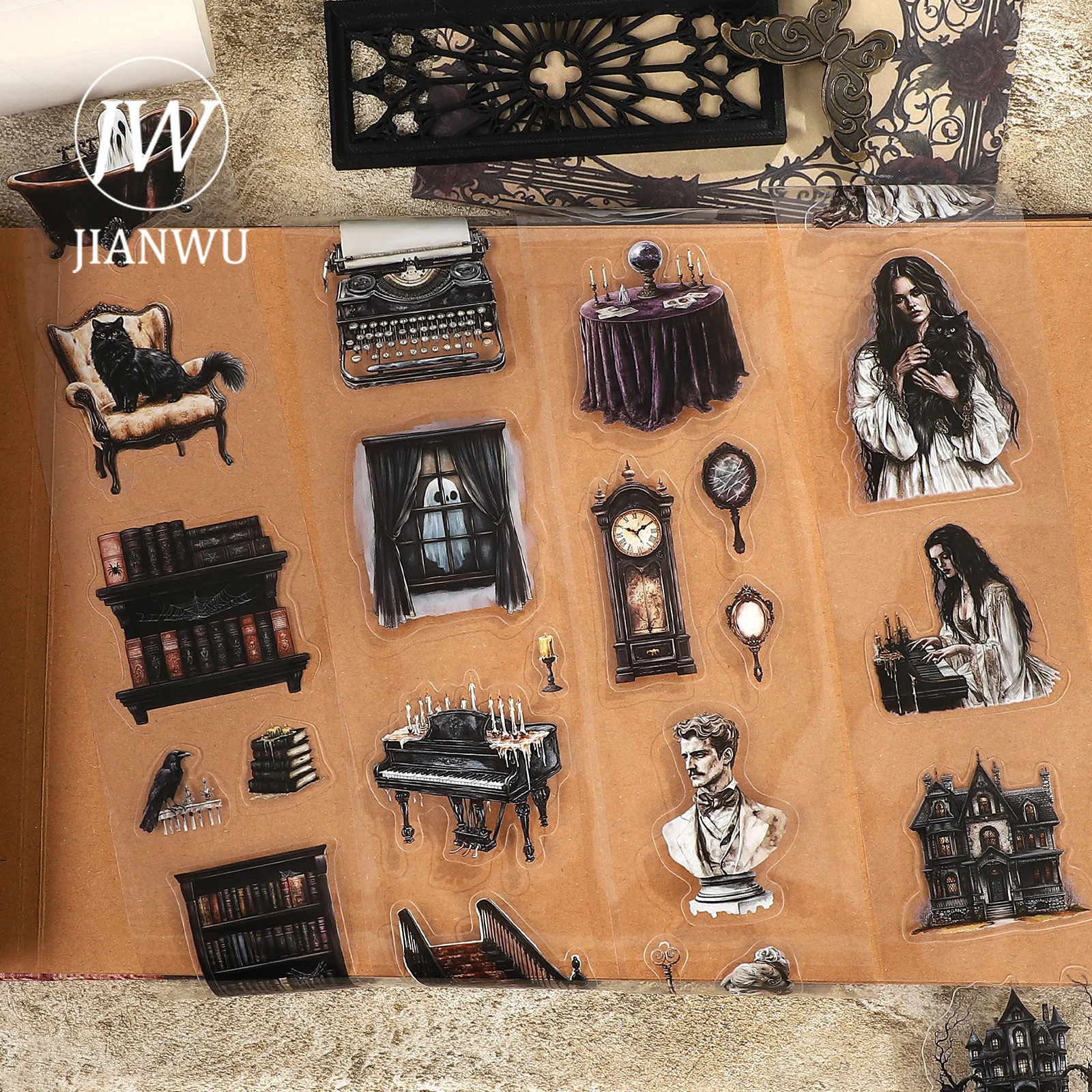 

JIANWU 60mm*200cm Vintage Haunted Mansion Character Landscape Material Collage PET Tape Creative DIY Journal Stationery