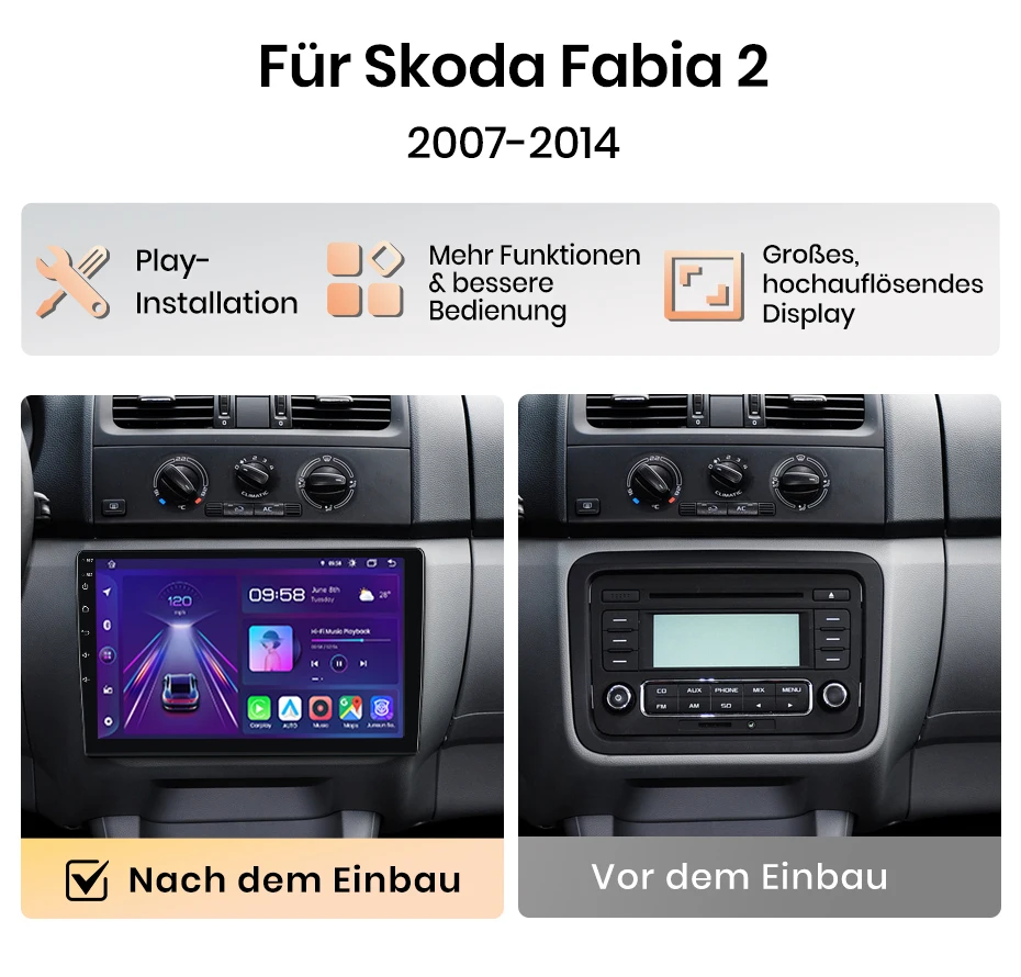 Junsun 10 Zoll Android 15 Autoradio für Skoda Fabia 2 2007-2014, kabelloses Apple CarPlay, Auto-IPS-Bildschirm, Stereo-Multimedia-Videoplayer, intelligente Fahrzeugsysteme, 2-DIN-Autoradio-Haupteinheit, GPS-Navigation, BT, 4G, WLAN, 8-Kern-Prozessor, FM, AM, DSP, RDS, SWC, DAB+ – Detail 3
