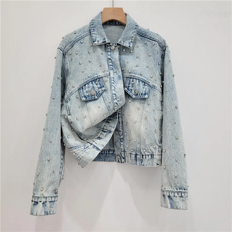 Exquisite Rhinestone Denim Skirt Suit Women 2024 Spring New Cool Girl Long Sleeve Cardigan Jacket and Mini Skirt Two-Piece Sets