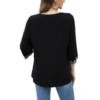 Boho Ethnic Floral Embroidered Blouse Tunic Women Rayon Vintage Black 3/4 Sleeve Loose Bohemian Mexico Casual Ladies Pullover - Image 5