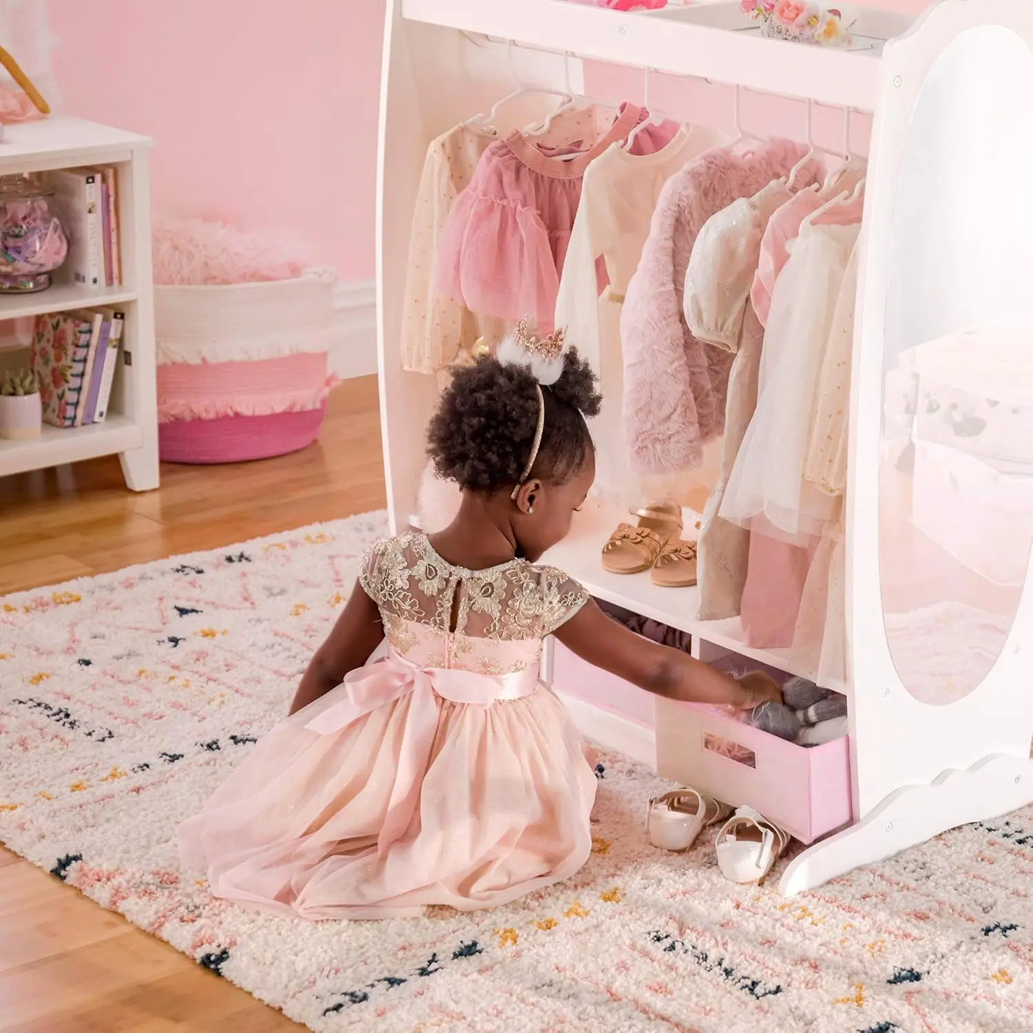 White: Dramatic Play Costume Rack with Mirror and Tray for Toddlers - Kids Armoire, Dresser with Fabric Storage Bins