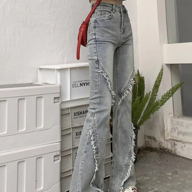 Jeans Boot untuk wanita perca ramping dirancang unik High Street Vintage musim panas tepi mentah gadis pedas gaya Amerika elastis