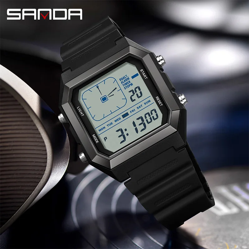 SANDA 6307 패션 전자 시계 남성용 심플 사각형 다이얼 스포츠 발광 LCA 포인터 남성 디지털 손목시계 reloj hombre
