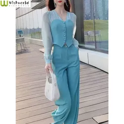 Fashion Professional Suit for Women in Spring and Autumn New Western-style Slimming Patchwork Top Wide Leg Pants Two-piece Set