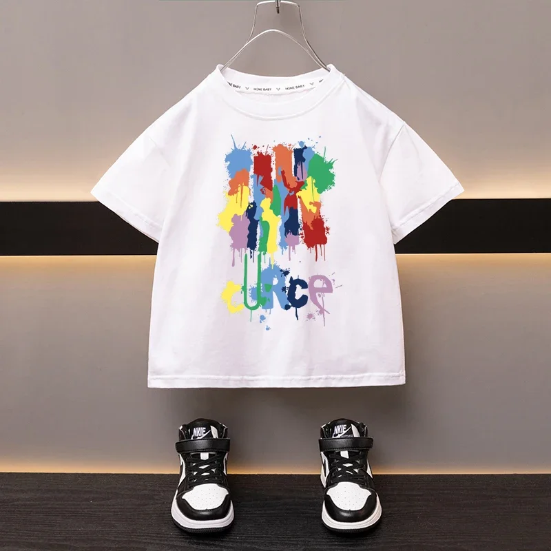 Summer Boys Cotton T-shirt Cartoon Graffiti Printed Girls Tees Short Sleeve Children Tops High Quality Casual Kids Clothes 2-12Y