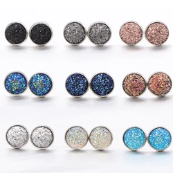 9pair/lot 9Colors Glitter  Round Stud Earrings Stainless Steel Jewelry for Women Colorful Resin Druzy Drusy Ear Studs Earrings