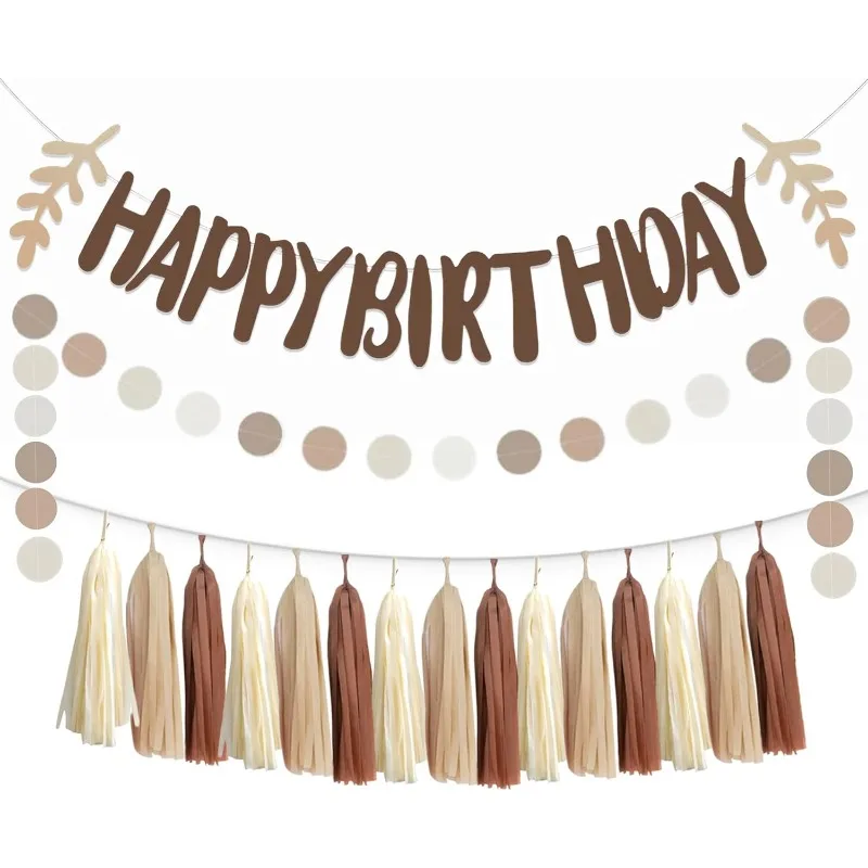 Braune, neutrale Happy Birthday-Banner mit grünen Blattdekorationen, beige Boho-Papierquasten, Kreisgirlande zum Aufhängen von Luftschlangen – Detail 3