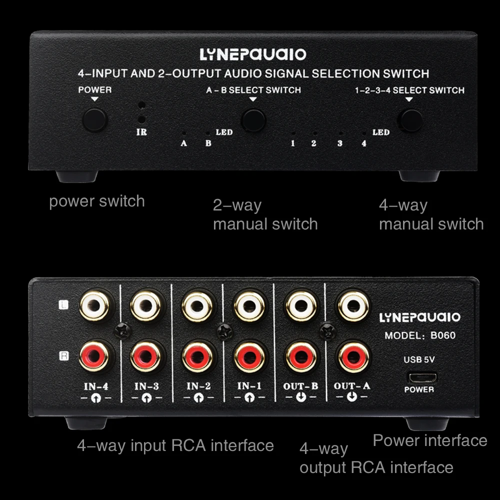 2024 new 4-in 2 or 2-in 4-out audio signal selection switcher\\with remote control switching function lossless RCA interface