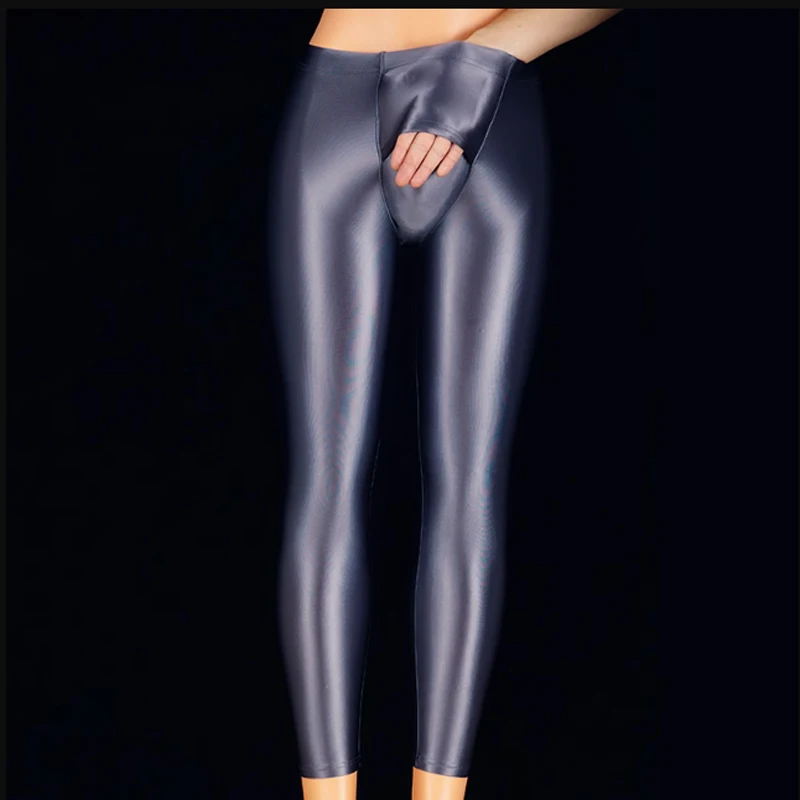 Men Sexy Glossy Smooth Tights Leggings Running Skinny Workout Pant Thin Satin Stretch Training Yoga Fitness Open Crotch Trousers