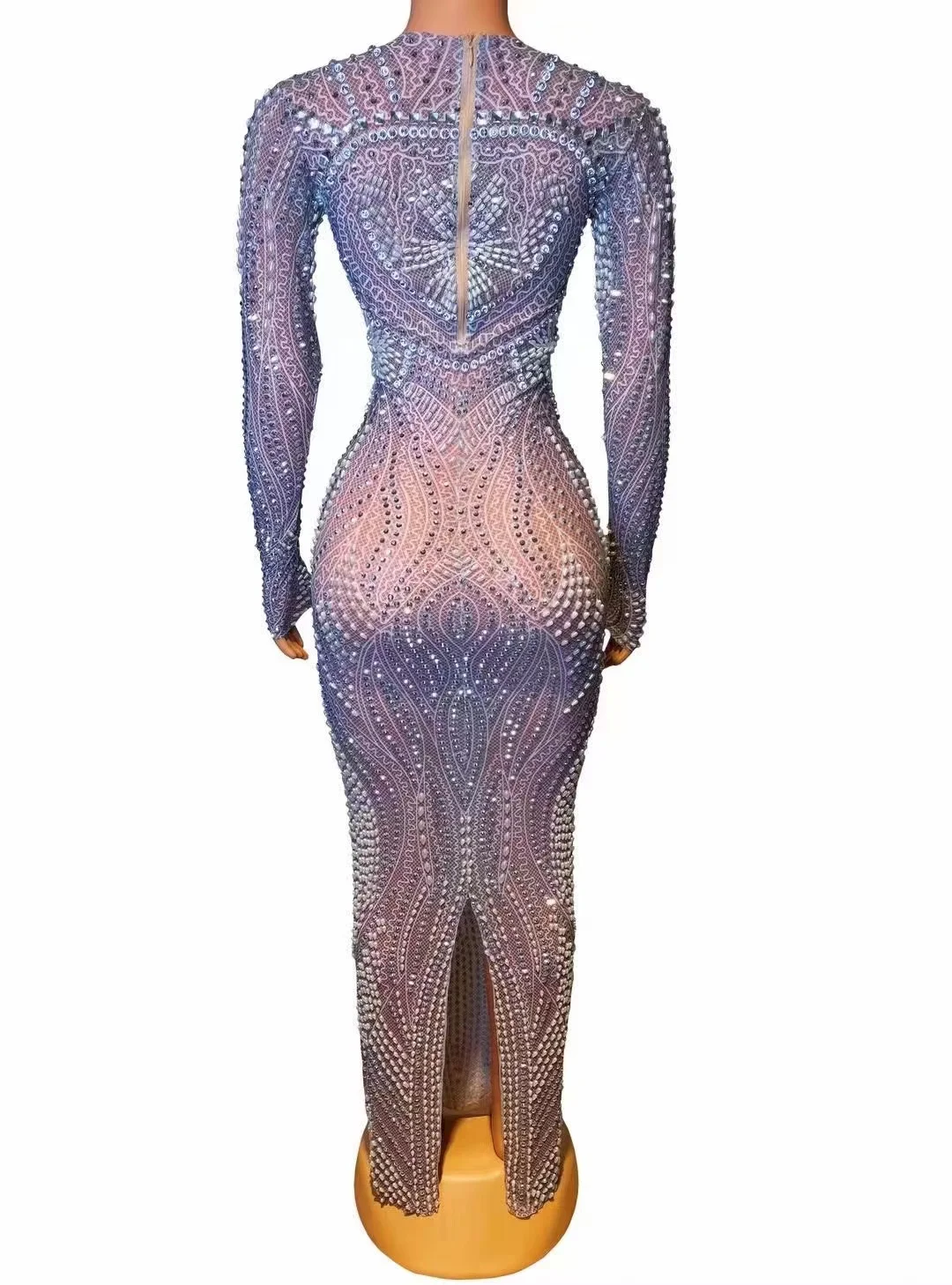 Maßge schneiderte lang ärmel ige gestreifte Strass Spitze hoch elastische Pailletten sexy enges Kleid Geburtstags feier Kleid Performance-Kleid