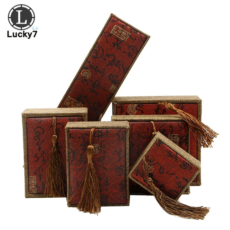 

Chinese High-grade Ring Box Retro Red Linen Calligraphy Jewelry Box Pendant Bracelet Tassel Box Necklace Box