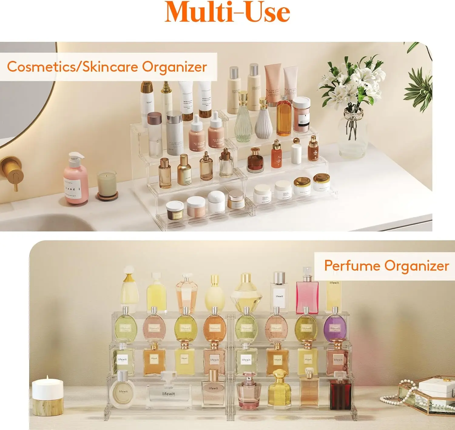 4-Tier Clear Plastic Display Riser, Tool-Free Assembly for Perfume and Cosmetics Storage, 12-Inch Size, 3-Piece Set