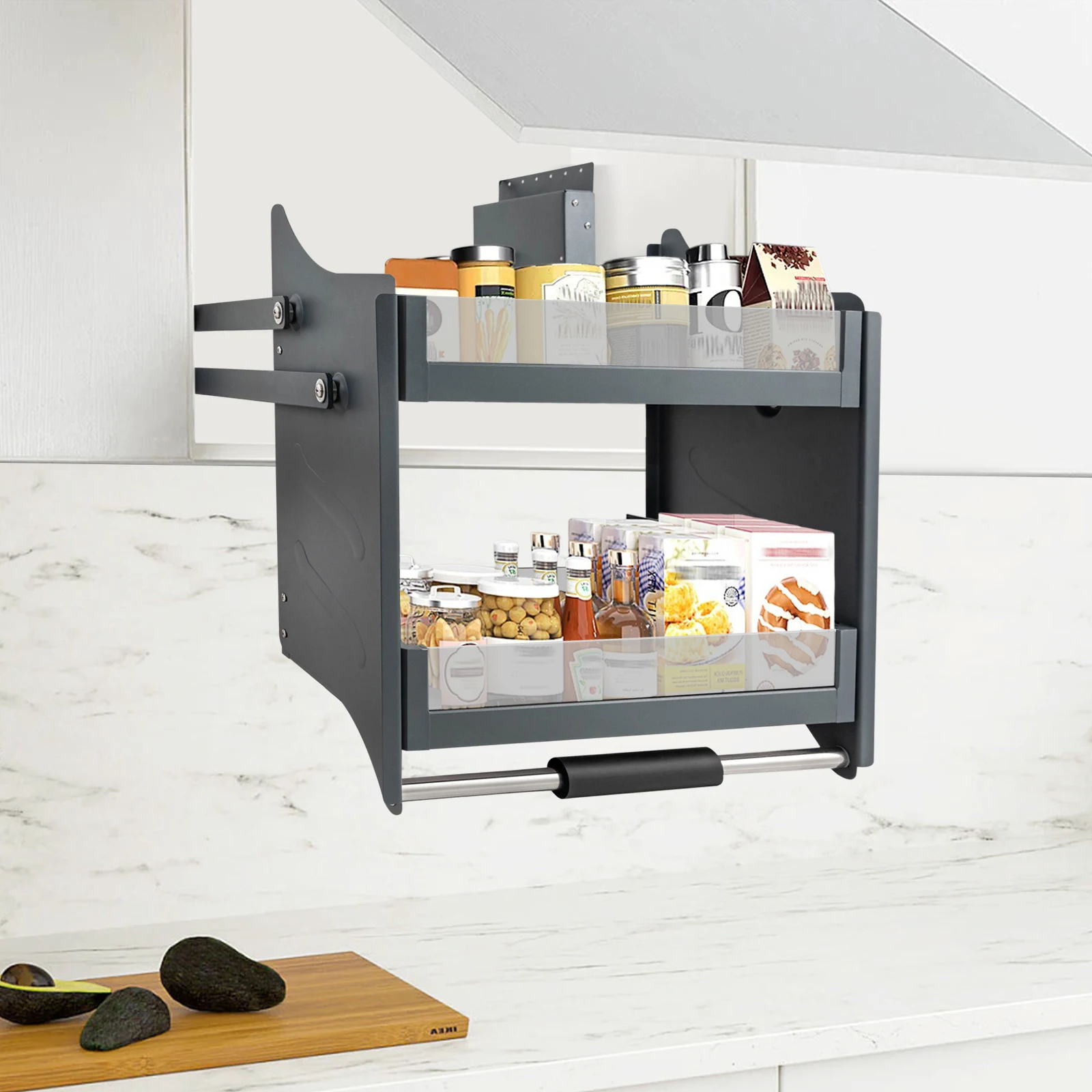 

Pull Down Shelf for Kitchen Upper Cabinet, Heavy Duty Cabinet Organizer, Kitchen Cabinet Pull Down Shelf Large Storage Space