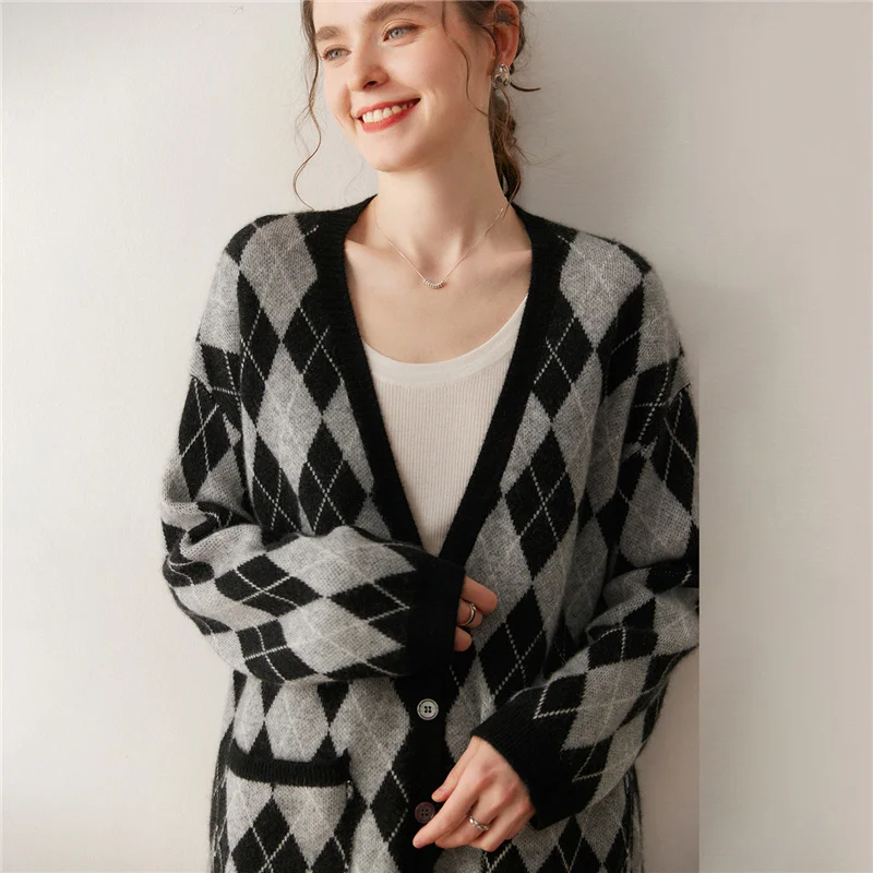 Women's V-Neck Diamond Pattern Cashmere Open Cardigan Autumn Winter Thick Loose Long Outerwear Sweater Versatile Knitted Jacket