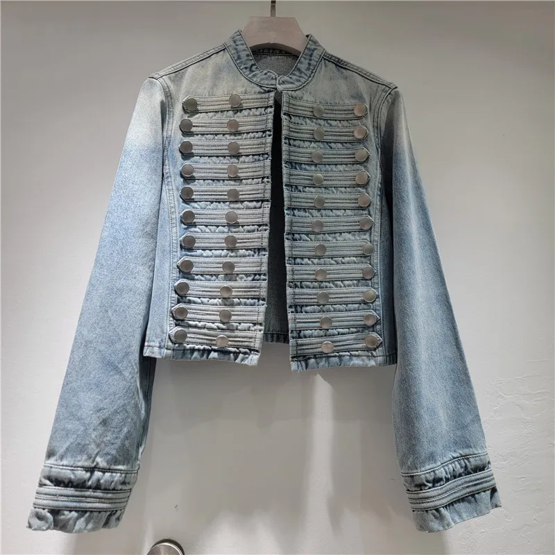 

2026 Spring Summer American Retro Denim Jacket Women Washed Vintage Multi Button Decor Waist Slim Cowboy Coat