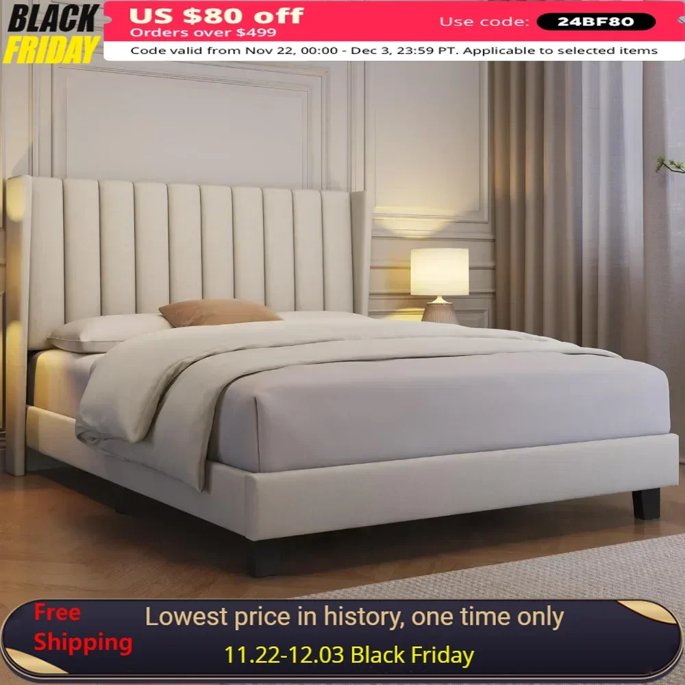 

Bed Frame Upholstered Platform With Fabric Headboard Bases & Frames Foundation Metal Under Storage Beige Queen Beds