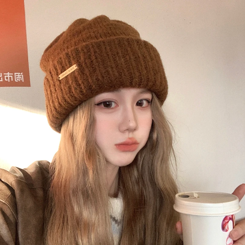 Winter Women Beanie Solid Color Woolen Knit Hat Thick Warm Ear Protection Skullies Cap Cold Resistant Korean Girl Crochet Bonnet